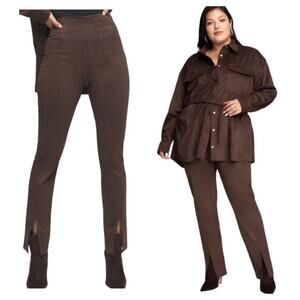 Good American Chocolate Brown Faux Suede Pant Size 8 Boss Split Hem Straight Leg
